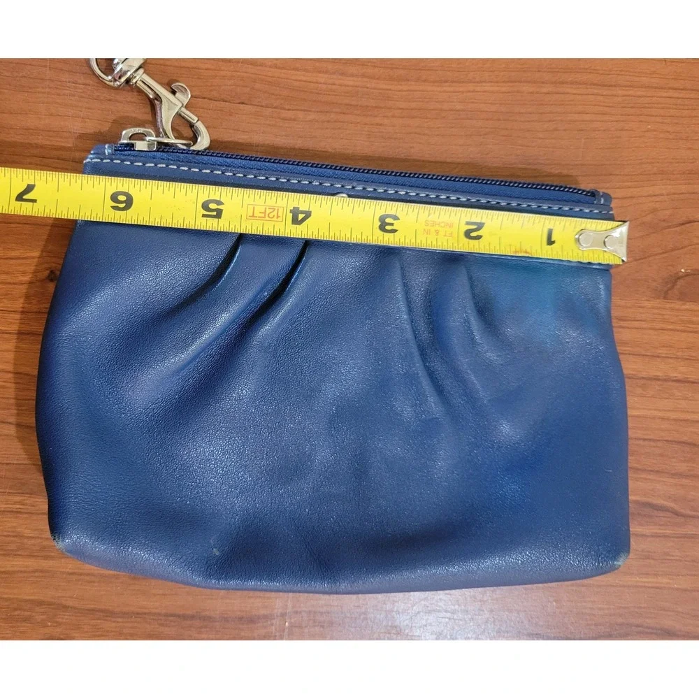 Coach Blue Leather Pleated Wristlet Pouch Zip Top Bag Gold‎ Logo AS IS